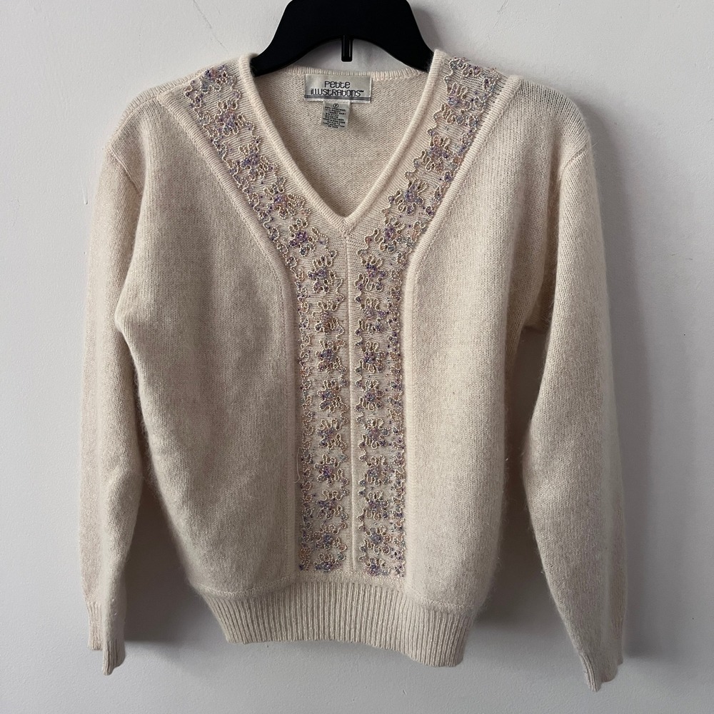 VTG 80's 90's Beaded Angora Wool Blend Sweater Women P Cream Coquette Grannycore